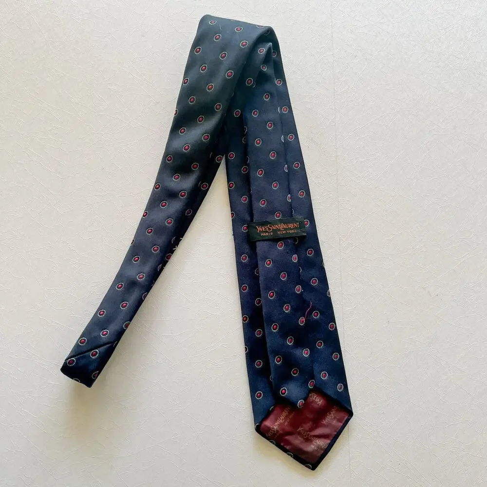 VTG Yves Saint Laurent Mens 100 Silk Tie Navy & Red Dots, Embroidered Logo EUC - Picture 3 of 10